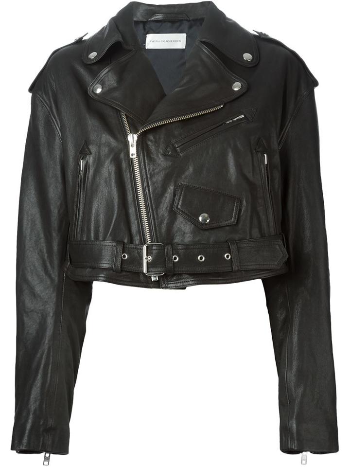 Faith Connexion Cropped Biker Jacket, Women's, Size: 38, Black, Lamb Skin/acetate