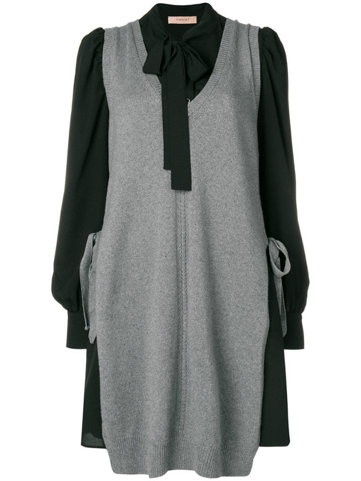Twin-set Layered Pussy Bow Sweater Dress - Grey