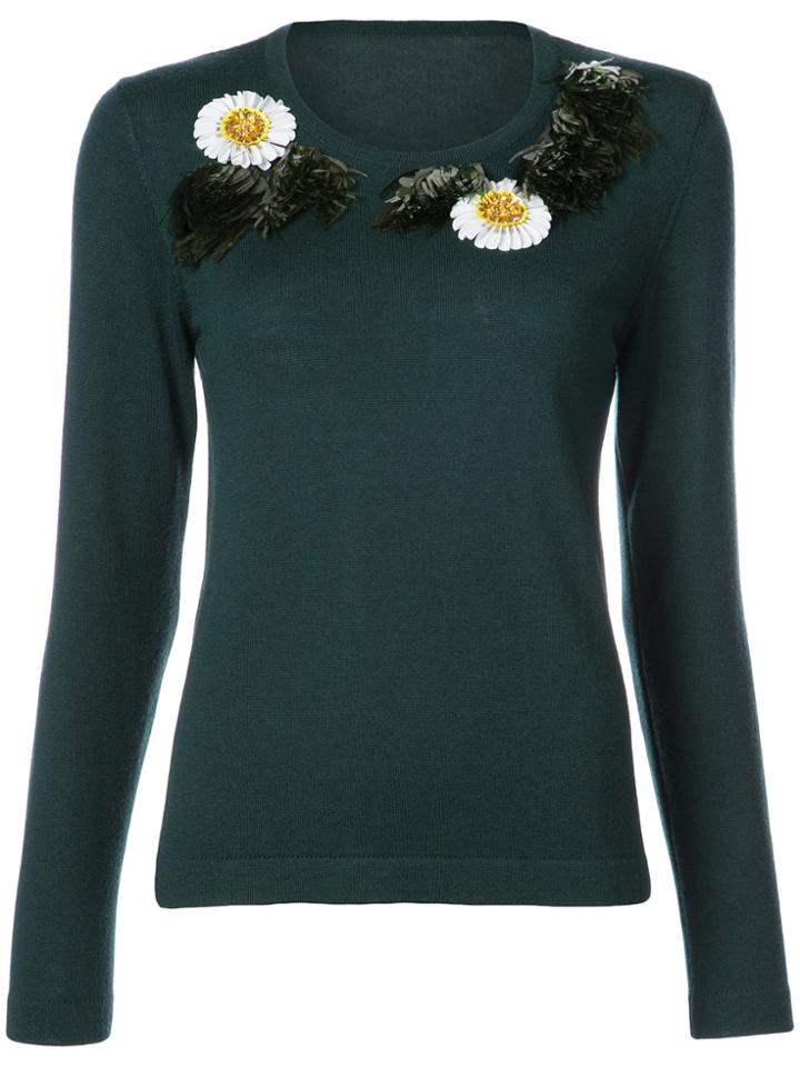Oscar De La Renta Flower And Fringe Embroidered Sweater - Green
