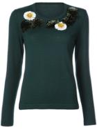 Oscar De La Renta Flower And Fringe Embroidered Sweater - Green