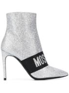 Moschino 100mm Logo Band Glitter Ankle Boots - Silver