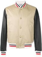 Moncler Gamme Bleu Striped Detail Bomber Jacket, Men's, Size: 3, Brown, Leather/cotton/cupro