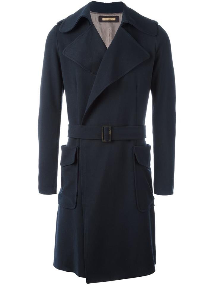 Nuur Belted Patch Pockets Coat, Men's, Size: 50, Blue, Polyester/viscose/spandex/elastane