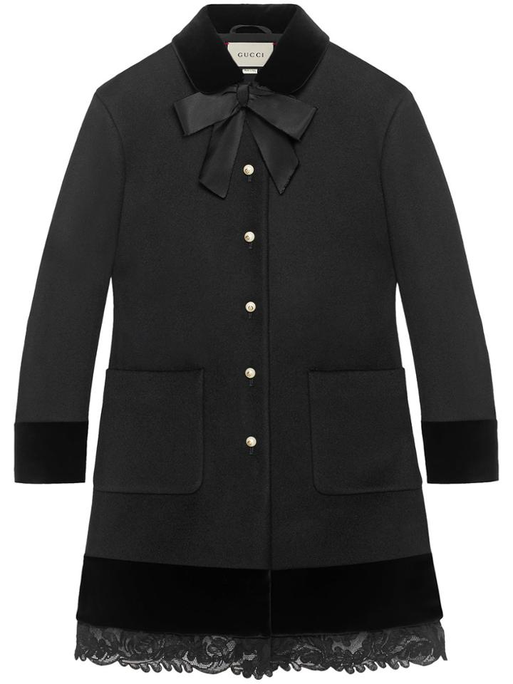 Gucci Wool Coat With Lace Detail - Black