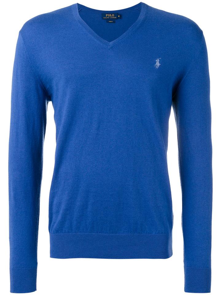 Polo Ralph Lauren V-neck Jumper, Men's, Size: Large, Blue, Cotton/cashmere