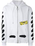 Off-white Printed Zip Up Hoodie, Men's, Size: Small, White, Cotton
