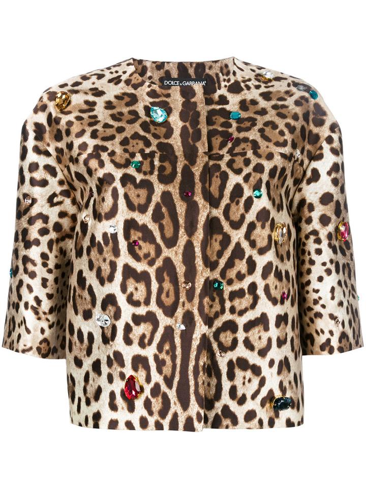 Dolce & Gabbana Leopard Print Jacket, Women's, Size: 42, Nude/neutrals, Wool/silk/brass