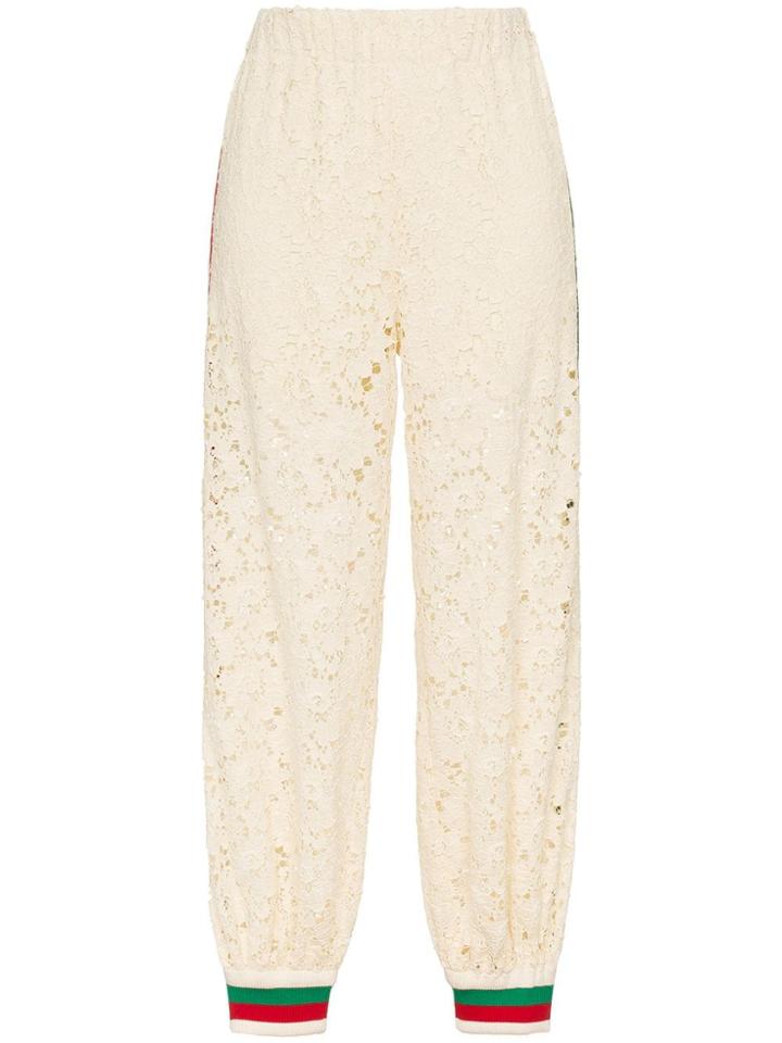 Gucci Contrast Cuff Floral Lace Track Pants - Nude & Neutrals