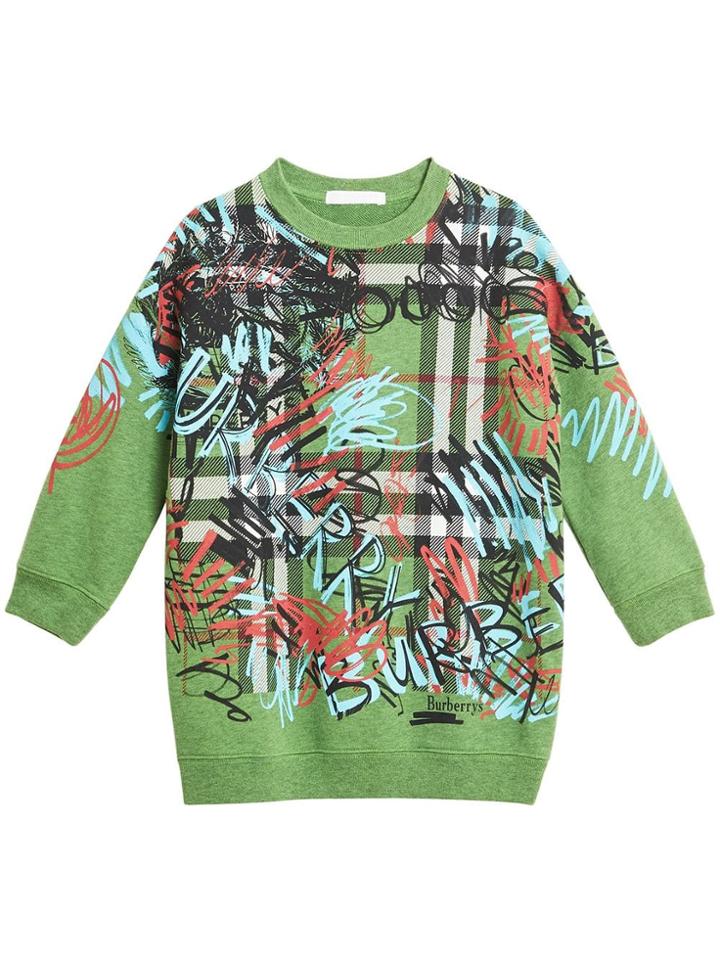 Burberry Kids Graffiti Scribble Check Print Cotton Dress - Green