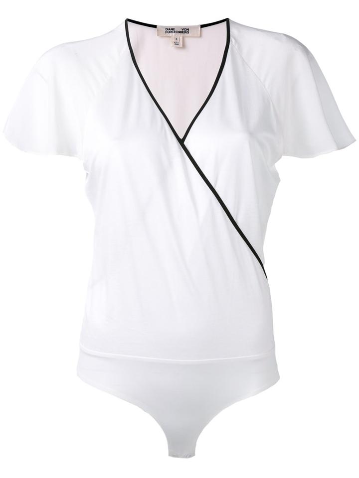 Diane Von Furstenberg Contrast Trim Wrap Top, Women's, Size: Large, White, Silk/cotton/nylon/lyocell