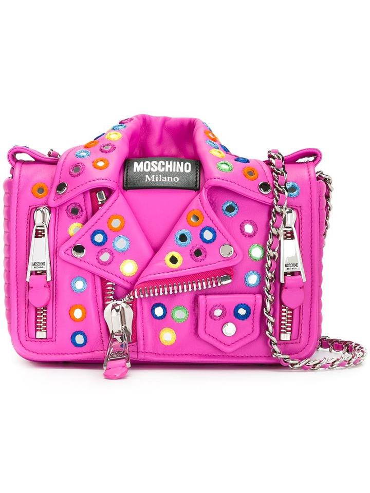 Moschino Mirror Embroidered Biker Shoulder Bag, Women's, Pink/purple, Leather