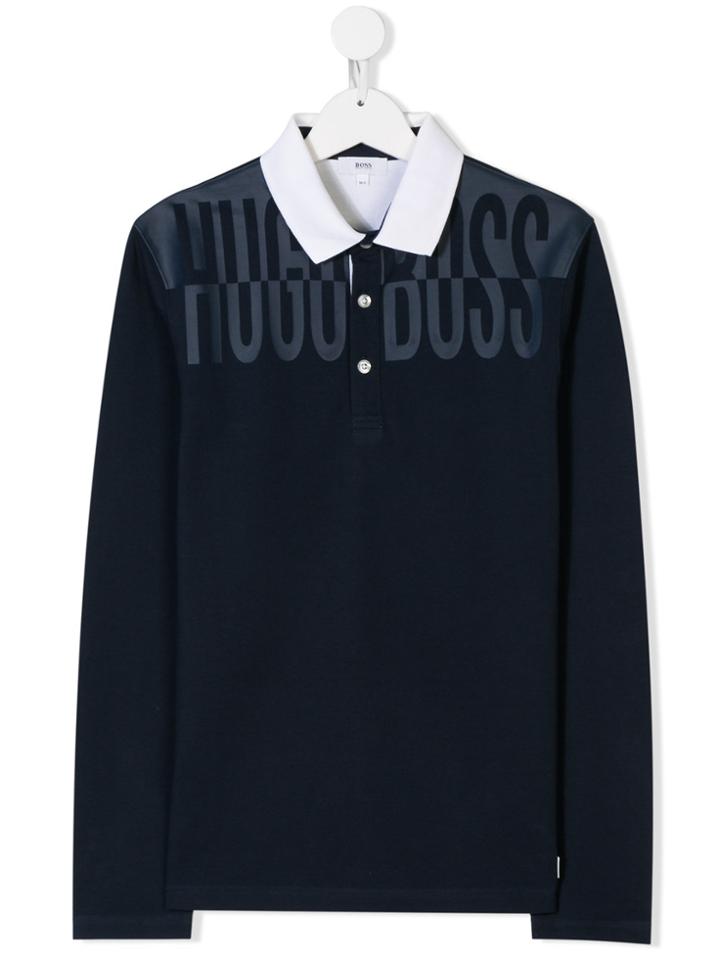 Boss Kids Logo Print Long Sleeve Polo Shirt - Blue