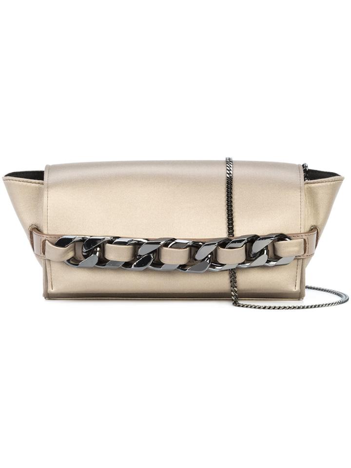 Elena Ghisellini Fold Over Chained Clutch Bag - Brown