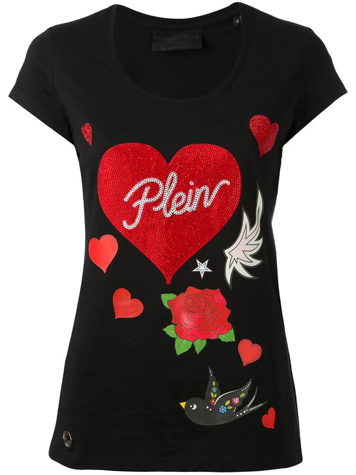 Philipp Plein - Rose And Heart Print T-shirt - Women - Cotton - S, Black, Cotton