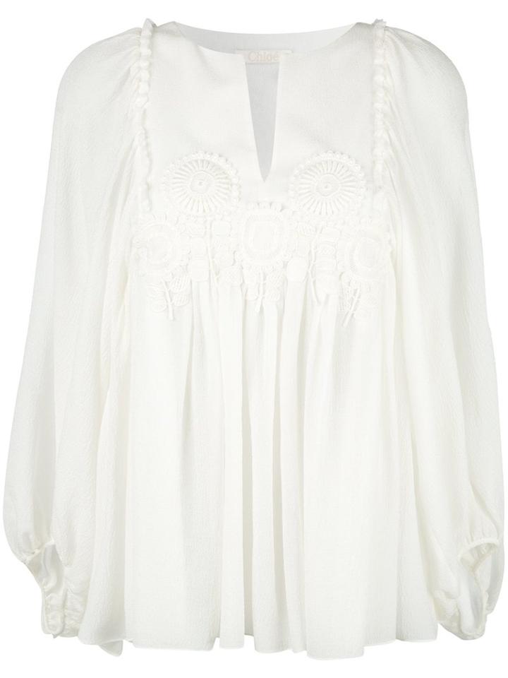 Chloé Guipure Trim Blouse, Women's, Size: 34, White, Silk/cotton/polyester