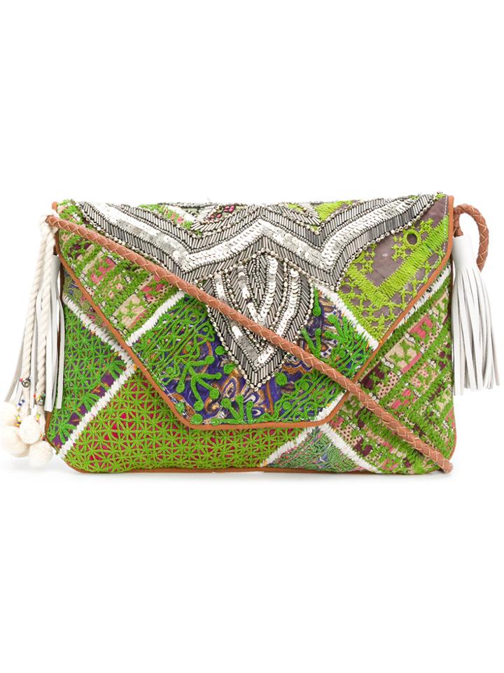 Antik Batik Embellished Foldover Clutch - Green