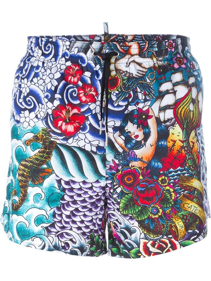Dsquared2 Beachwear Tattoo Print Swim Shorts