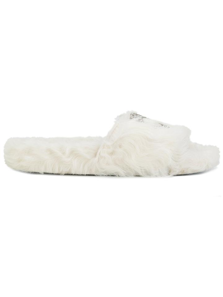 Chiara Ferragni Logomania Swarovski Embellished Fur Slides - White