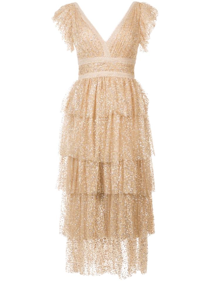 Marchesa Notte Sequin-embellished Tiered Ruffled Dress - Metallic