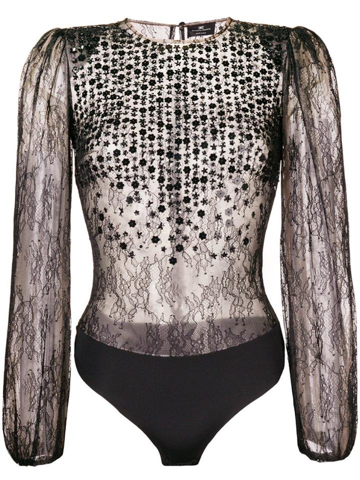 Elisabetta Franchi Embellished Lace Sheer Blouse - Black