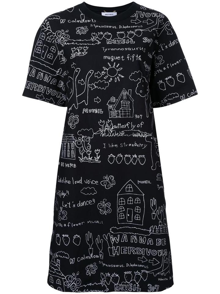 Muveil Printed T-shirt Dress, Women's, Size: 38, Black, Cotton
