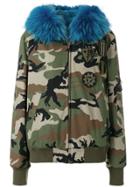 Furs66 Fur Hooded Camouflage Print Bomber Jacket - Green