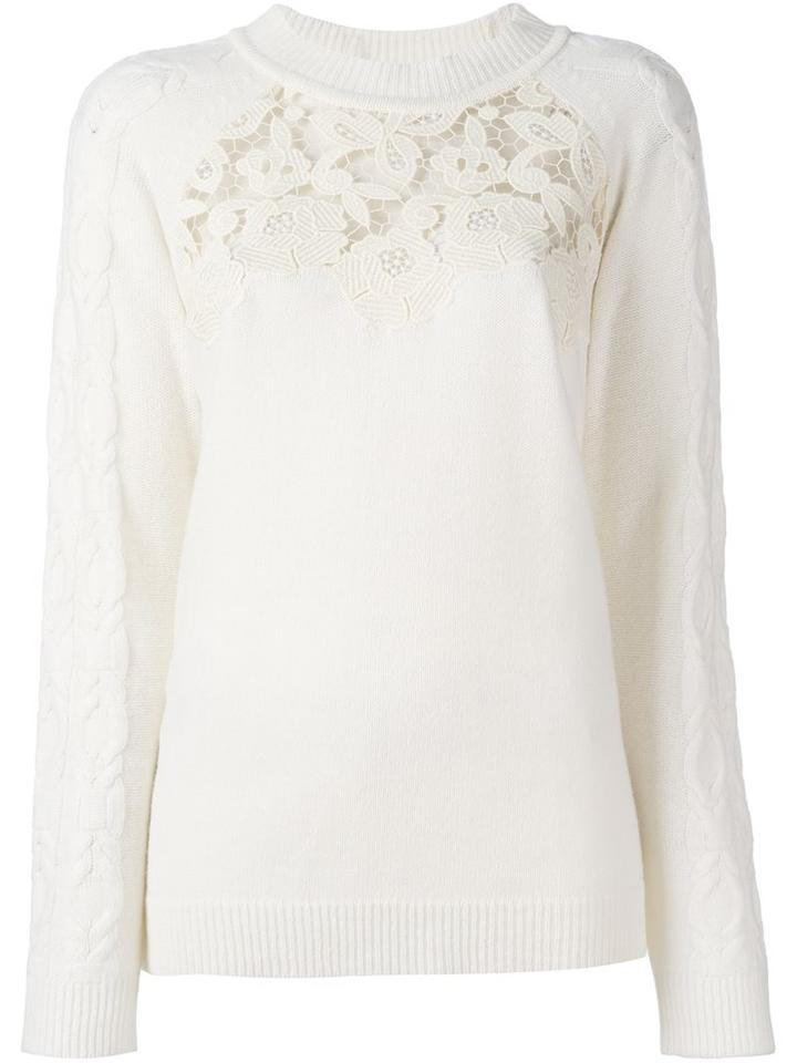 Blumarine Lace Panel Pullover, Women's, Size: 40, White, Nylon/polyester/cashmere/wool