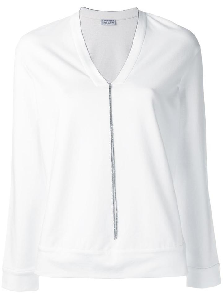 Brunello Cucinelli Glitter Stripe Detail Sweatshirt, Women's, Size: Xl, White, Cotton/spandex/elastane/brass