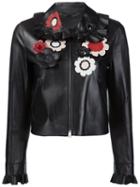 Fendi Floral Leather Jacket, Women's, Size: 40, Black, Leather