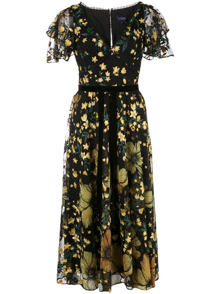 Marchesa Notte Floral-print Bow Detail Dress - Black
