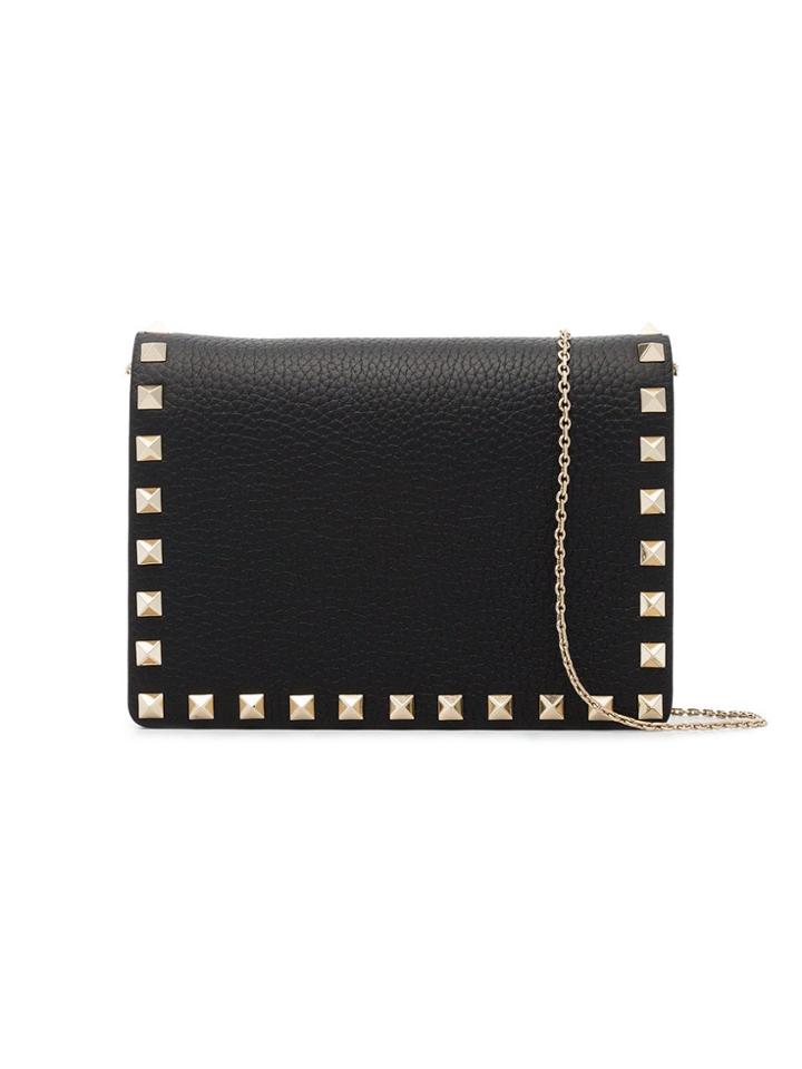 Valentino Black Rockstud Leather Wallet On A Chain