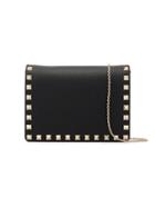 Valentino Black Rockstud Leather Wallet On A Chain