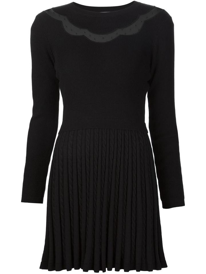Red Valentino Tulle Panel Pleated Knit Dress, Women's, Size: Large, Black, Polyamide/virgin Wool