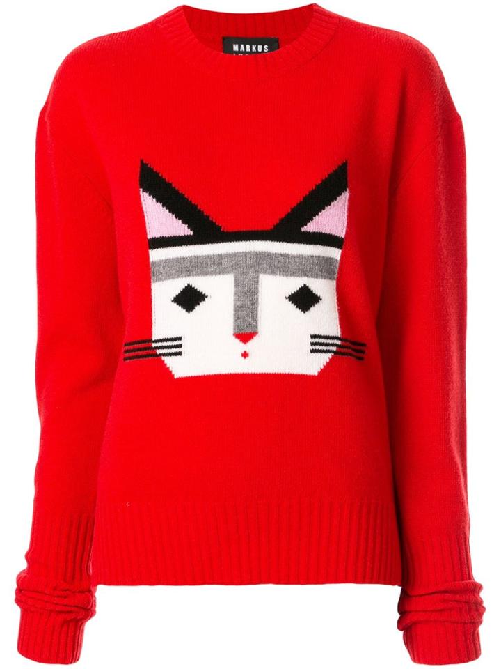 Markus Lupfer Intarsia Cat Face Jumper - Red