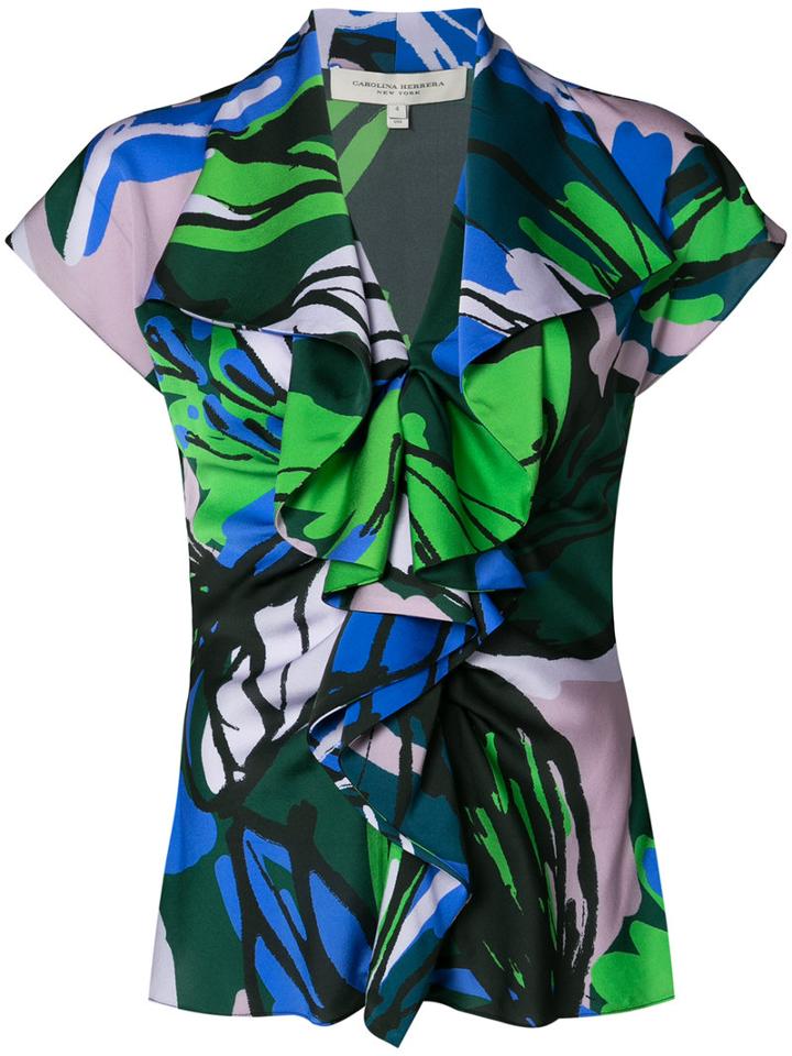 Carolina Herrera - Ruffle Front Blouse - Women - Silk/spandex/elastane - 4, Blue, Silk/spandex/elastane