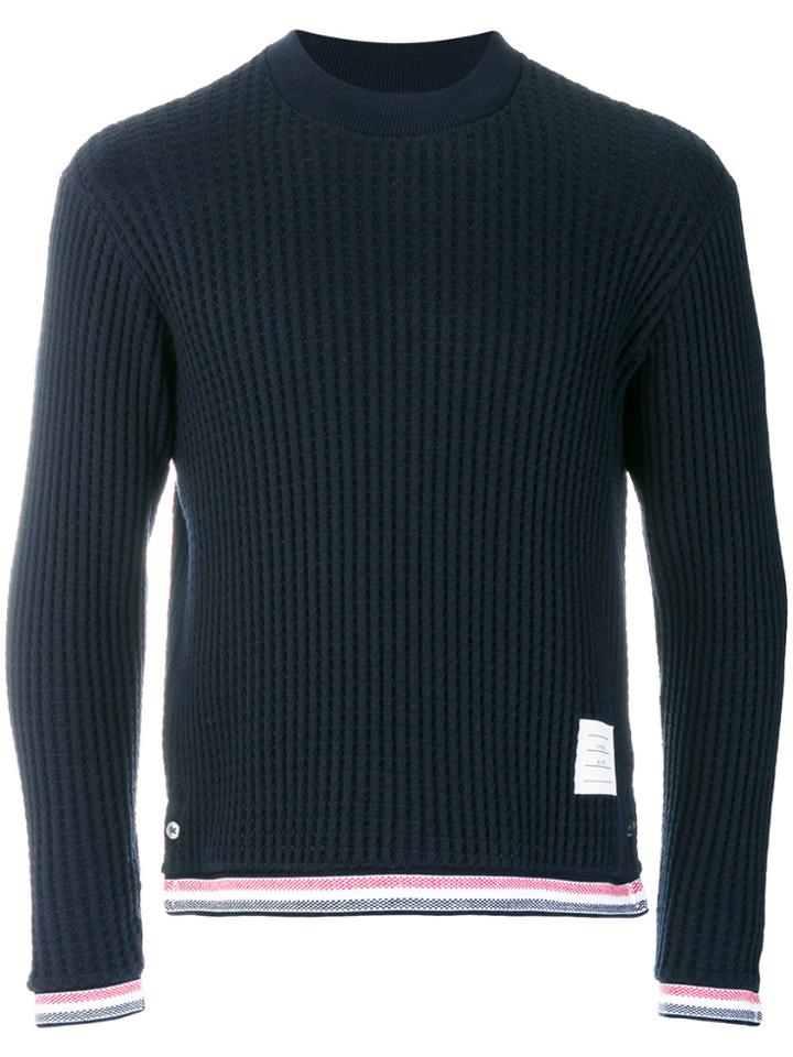 Thom Browne Oxford Stripe Chunky Waffle Knit Crewneck Pullover - Blue