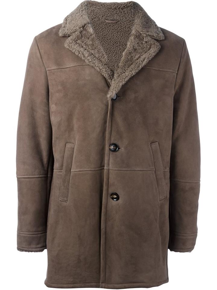 Eleventy Single Breasted Coat, Men's, Size: 52, Brown, Sheep Skin/shearling