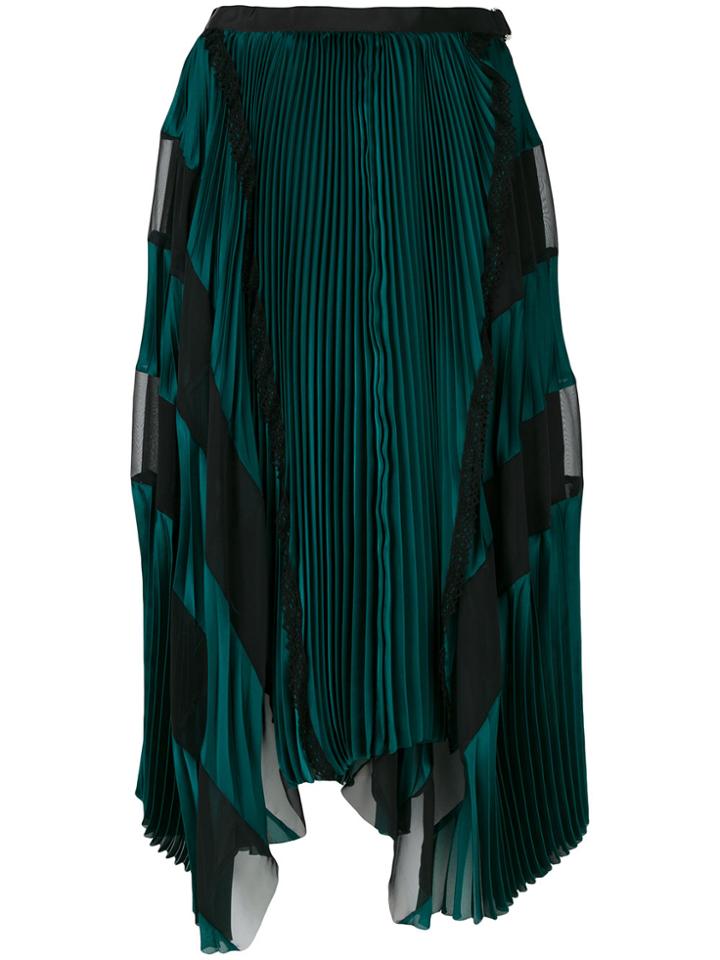 Sacai Asymmetric Striped Pleated Skirt - Green