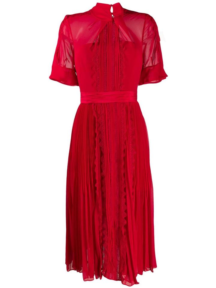 Self-portrait Pleated Tie Neck Dress - Red