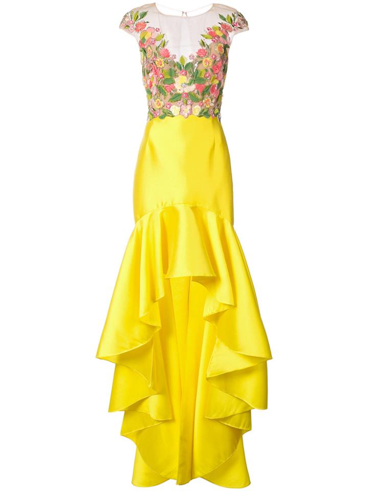 Marchesa Notte Mikado Embroidered Dress - Yellow & Orange