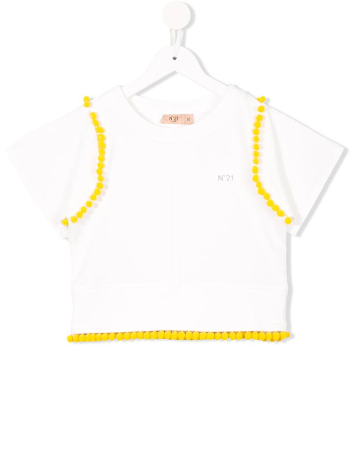No21 Kids Pom Pom Trim T-shirt, Girl's, Size: 10 Yrs, White