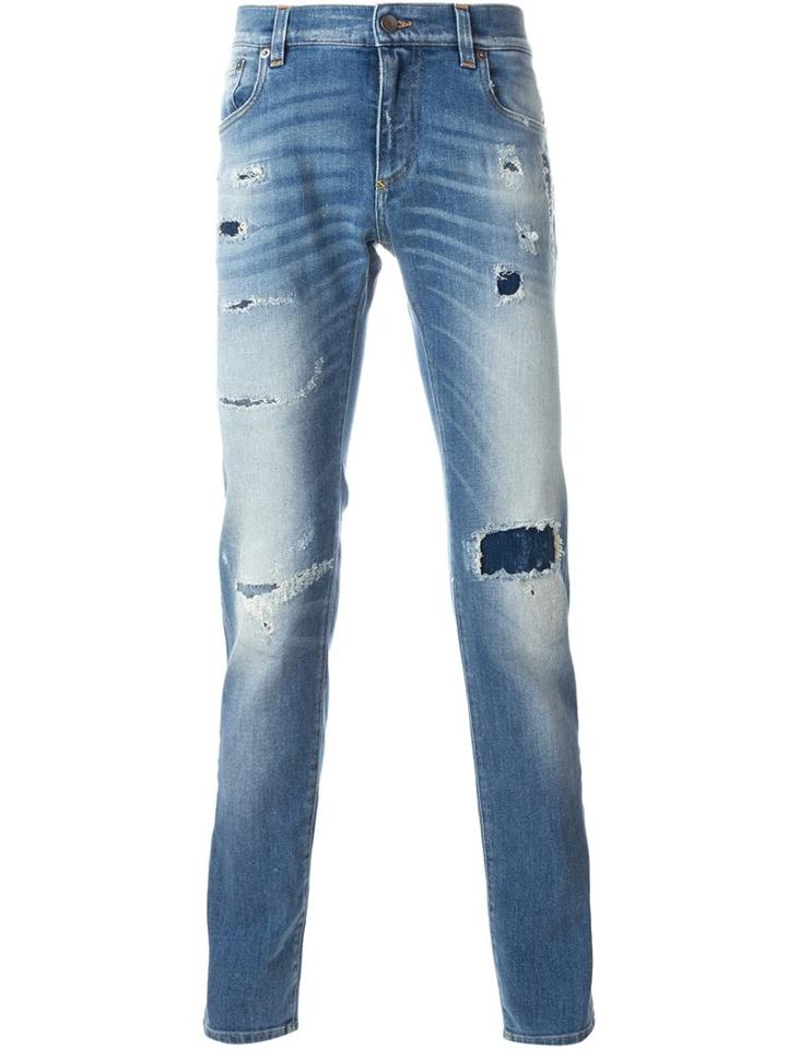Dolce & Gabbana Distressed Slim Jeans, Men's, Size: 52, Blue, Cotton/spandex/elastane