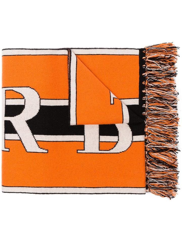 Burberry Orange, Black And White Logo Knit Cashmere Scarf