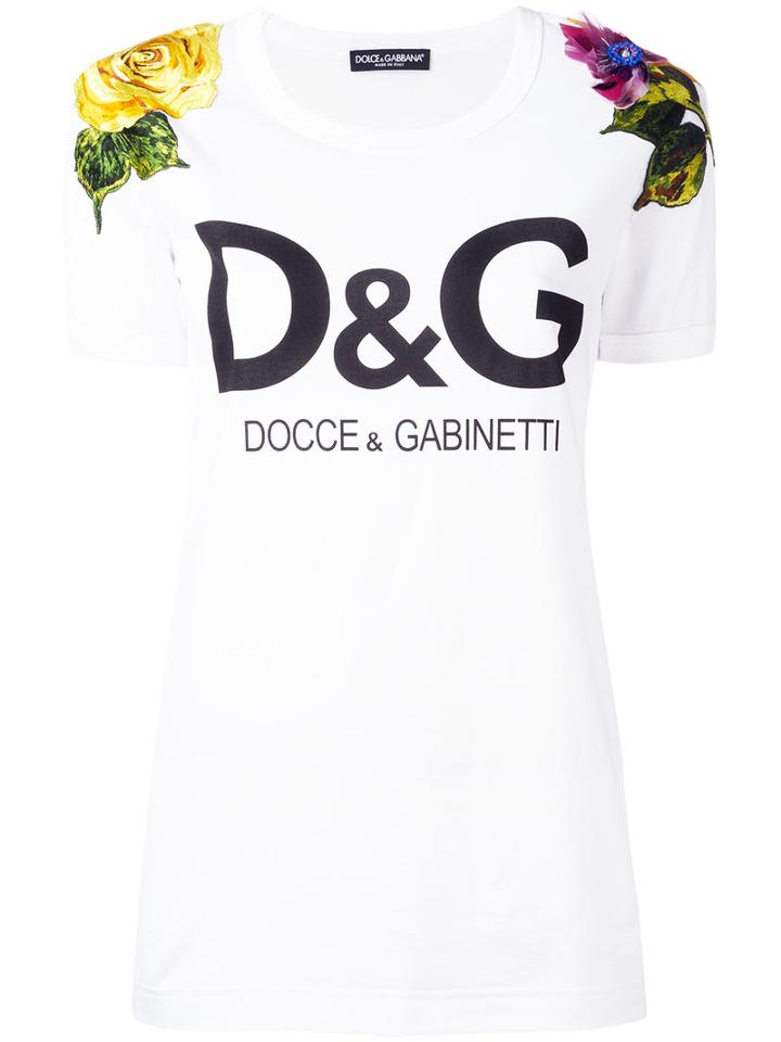 Dolce & Gabbana Logo Floral Embroidered T-shirt, Women's, Size: 38, White, Cotton/silk/viscose/polyester