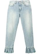 Msgm Ruffle-trimmed Cropped Jeans, Women's, Size: 42, Blue, Cotton/polyester
