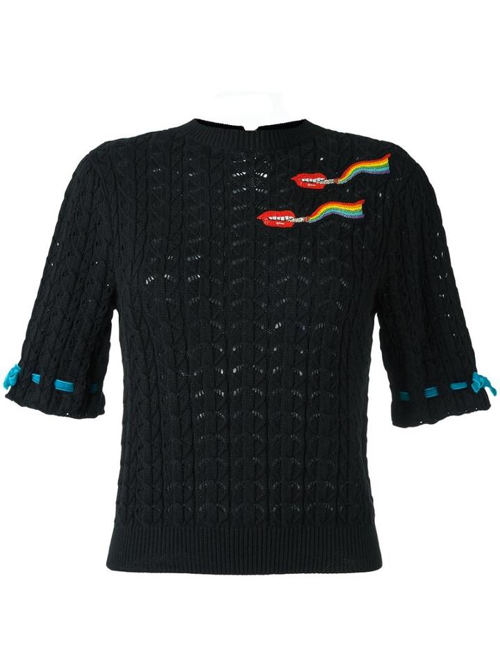Olympia Le-tan Smoking Lips Beaded Sweater, Women's, Size: Small, Black, Cotton