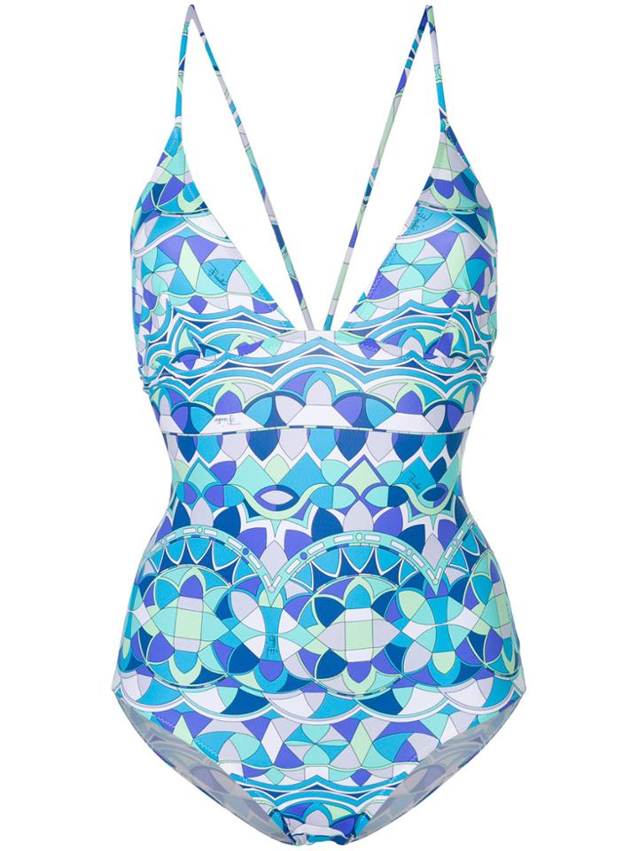 Emilio Pucci Printed Plunge Swimsuit - Blue