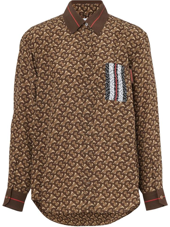 Burberry Monogram Stripe Print Silk Shirt - Brown