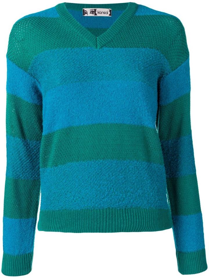 Kansai Yamamoto Pre-owned V-neck Striped Sweater - Blue