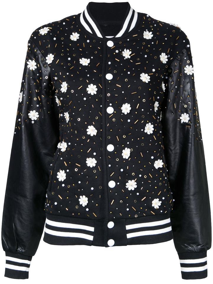 Night Market Floral Embellishment Bomber Jacket, Women's, Size: Xs, Black, Polyester/cotton